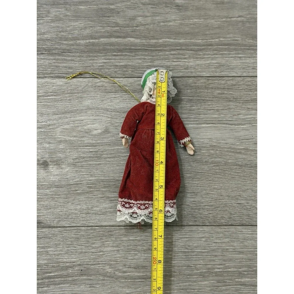 VTG Victorian Style Porcelain Woman Doll Red Velvet Dress/Holly Bonnet Ornament